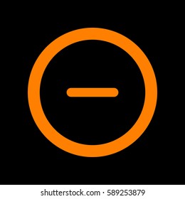 Minus sign in circle icon. Zoom out. Negative symbol. Vector. Orange icon on black background. Fire.