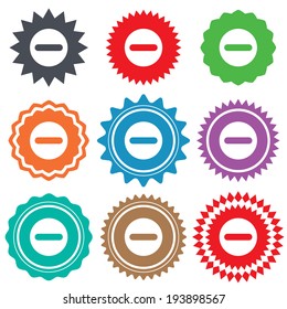 Minus sign icon. Negative symbol. Zoom out. Stars stickers. Certificate emblem labels. Vector