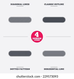 Minus sign icon. Negative symbol. Zoom out. Diagonal and horizontal lines, classic outline, dotted texture. Pattern design icons.  Vector