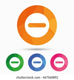 Minus sign icon. Negative symbol. Zoom out. Triangular low poly button with flat icon. Vector