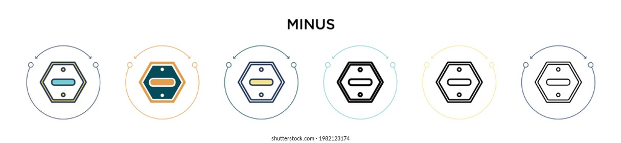 Minus symbol inside a circle icon in filled, thin line, outline and stroke style. Vector illustration of two colored and black minus symbol inside a circle vector icons designs can be used for