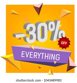 Minus Thirty Percent Off Everything lettering. Typed text, calligraphy. For posters, banners, leaflets and brochures.