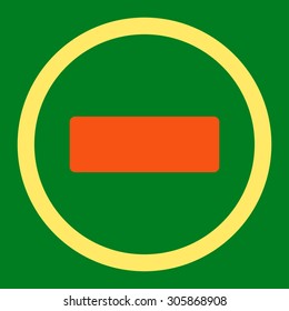 Minus vector icon. This rounded flat symbol is drawn with orange and yellow colors on a green background.