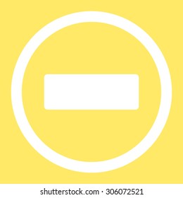 Minus vector icon. This rounded flat symbol is drawn with white color on a yellow background.