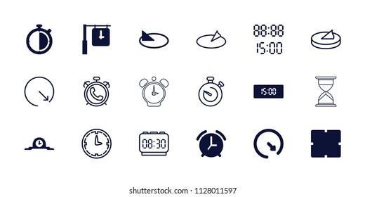 Minute icon. collection of 18 minute filled and outline icons such as clock, wall clock, sundial, alarm, stopwatch, digital time. editable minute icons for web and mobile.