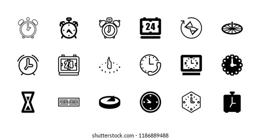 Minute icon. collection of 18 minute filled and outline icons such as alarm, clock, wall clock, sundial, hourglass. editable minute icons for web and mobile.