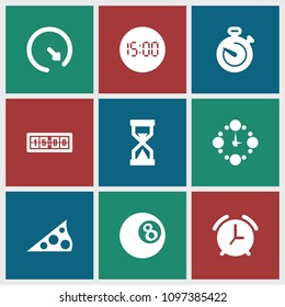 Minute icon. collection of 9 minute filled icons such as stopwatch, wall clock, sundial, hourglass, digital clock, alarm. editable minute icons for web and mobile.