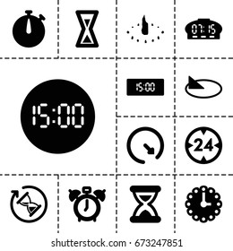 Minute icon. set of 13 filled minuteicons such as hourglass, wall clock, sundial, 24 hour, digital clock, stopwatch
