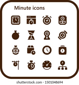 minute icon set. 16 filled minute icons.  Simple modern icons about  - Wall clock, Chronometer, Stopwatch, Hourglass, Clocks, Watch, Stopclock, Wait time, Clock, Time