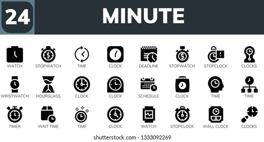 minute icon set. 24 filled minute icons.  Collection Of - Watch, Stopwatch, Time, Clock, Deadline, Stopclock, Clocks, Wristwatch, Hourglass, Schedule, Timer, Wait time, Wall clock