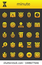 minute icon set. 26 filled minute icons.  Collection Of - Stopwatch, Hourglass, Chronometer, Timer, Wristwatch, Clock, Watch, Time, Timetable, Stopclock, Measuring glass, Clocks