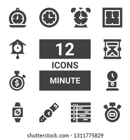 minute icon set. Collection of 12 filled minute icons included Stopwatch, Schedule, Wristwatch, Clock, Hourglass, Cuckoo clock, Alarm clock