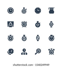 minute icon set. Collection of 16 filled minute icons included Alarm clock, Time, Chronometer, Wristwatch, Watch, Stopwatch, Measuring glass, Wall clock