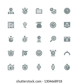 minute icon set. Collection of 25 filled minute icons included Chronometer, Wristwatch, Watch, Timer, Schedule, Noon, Alarm clock, Clocks, Clock, Time, Stopwatch, Stop watch, Measuring glass