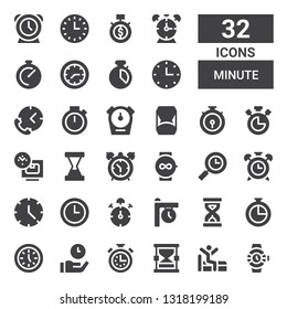minute icon set. Collection of 32 filled minute icons included Watches, Wake up, Hourglass, Stopwatch, Time, Clock, Chronometer, Sandclock, Stop watch, Wall clock, Alarm clock