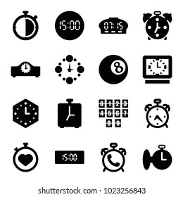 Minute icons. set of 16 editable filled minute icons such as alarm, stopwatch, wall clock, clock