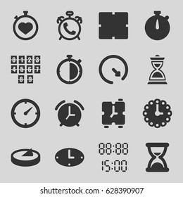 Iconos de minutos definidos. conjunto de iconos llenos de 16 minutos como alarma, reloj, cronómetro, reloj-reloj, reloj-hora, reloj-pared, hora digital, dial-sol