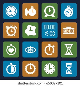 Minute icons set. set of 16 minute filled icons such as clock, stopwatch, hourglass, wall clock, digital time, sundial, digital clock