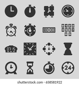 Minute icons set. set of 16 minute filled icons such as alarm, clock, wall clock, 24 hour, hourglass, digital clock