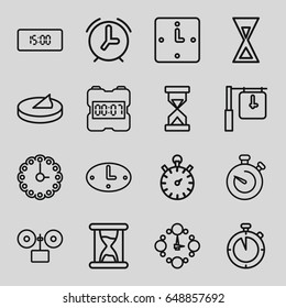 Minute icons set. set of 16 minute outline icons such as stopwatch, wall clock, sundial, hourglass, digital clock, clock