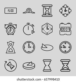Minute icons set. set of 16 minute outline icons such as hourglass, clock, wall clock, sundial