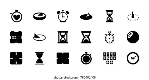 Minute icons. set of 18 editable filled minute icons: clock, stopwatch, wall clock, sundial