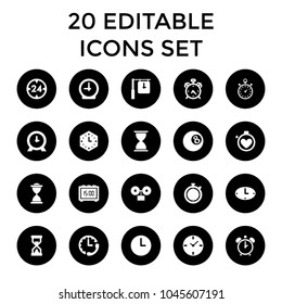 Minute icons. set of 20 editable filled minute icons such as alarm, clock, stopwatch, wall clock, 24 hour, hourglass. best quality minute elements in trendy style.