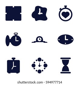 minute icons set. Set of 9 minute filled icons such as clock, stopwatch, wall clock, alarm