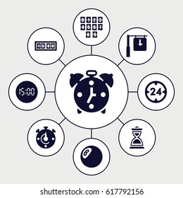 Minute icons set. set of 9 minute filled icons such as hourglass, 24 hour, digital clock, clock, alarm