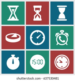 Minute icons set. set of 9 minute filled icons such as alarm, clock, hourglass, sundial, digital clock