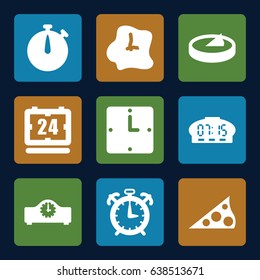 Minute icons set. set of 9 minute filled icons such as wall clock, sundial, clock, alarm, digital clock