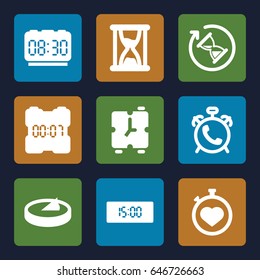 Minute icons set. set of 9 minute filled icons such as alarm, stopwatch, sundial, hourglass