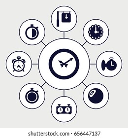 Minute icons set. set of 9 minute filled icons such as alarm, wall clock, clock