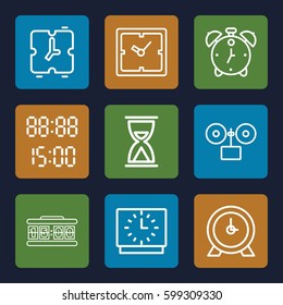 minute icons set. Set of 9 minute outline icons such as clock, digital time, digital clock, alarm
