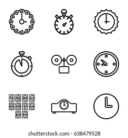 Minute icons set. set of 9 minute outline icons such as clock, wall clock, sundial, digital clock, alarm