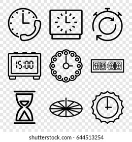 Minute icons set. set of 9 minute outline icons such as wall clock, sundial, digital clock, clock, stopwatch