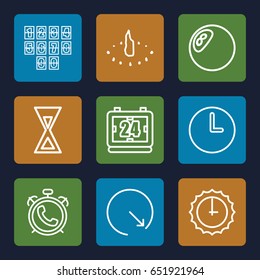 Minute icons set. set of 9 minute outline icons such as alarm, wall clock, sundial, hourglass, digital clock