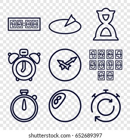 Minute icons set. set of 9 minute outline icons such as hourglass, wall clock, sundial, digital clock