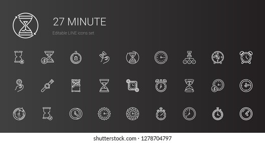 minute icons set. Collection of minute with wall clock, stopwatch, clock, hourglass, time, wake up, watch, alarm clock, limited time. Editable and scalable minute icons.