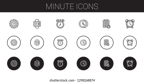 minute icons set. Collection of minute with wall clock, watch, clock, schedule, alarm clock. Editable and scalable minute icons.
