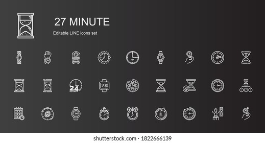 iconos de minuto definidos. Colección de minutos con reloj de pared, reloj, cronómetro, reloj, cronograma, reloj de arena, horas, hora, temporizador. Iconos de minuto modificables y escalables.