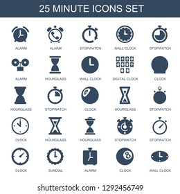 minute icons. Trendy 25 minute icons. Contain icons such as alarm, stopwatch, wall clock, hourglass, digital clock, clock, sundial. minute icon for web and mobile.