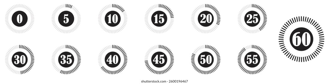 Minute indicator icon set showing 0 to 60 minutes in circular progress style used for timers, countdowns, schedules and duration displays.