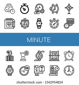 minute simple icons set. Contains such icons as Time, Schedule, Stopwatch, Time management, Watch, Wristwatch, Chronometer, Clock, Watchmaker, can be used for web, mobile and logo