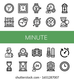 minute simple icons set. Contains such icons as Clock, Hourglass, Time, Watch, Time management, Wall clock, Sand clock, Watchmaker, Table can be used for web, mobile and logo