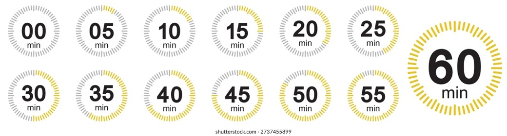 Minute Timer. Timer 0, 5, 10, 15, 20, 25, 30, 35, 40, 45, 50, 55, 60, minute icon circle. Countdown timer, stopwatch icons. Vector illustration.