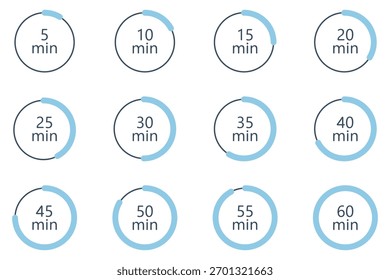 Minute Timer, relógio, cronômetro, cronômetro de contagem regressiva, ícone de tempo de cozimento definido. 5, 10, 15, 20, 25, 30, 35, 40, 45, 50, 55, 60 min e 1 hora Timer, relógio, cronômetro conjunto isolado ícones, símbolos, rótulo.