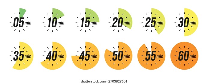 Minute Timer, relógio, cronômetro, cronômetro de contagem regressiva, ícone de tempo de cozimento definido. 0, 5, 10, 15, 20, 25, 30, 35, 40, 45, 50, 55, discagem de 60 minutos. Conjunto isolado colorido, símbolo. Ilustração vetorial