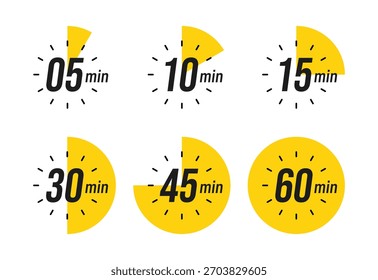 Minute Timer, relógio, cronômetro, cronômetro de contagem regressiva, ícone de tempo de cozimento definido. Discagem de 05, 10, 15, 30, 45, 60 minutos. Conjunto isolado de cor amarela, símbolo. Ilustração vetorial