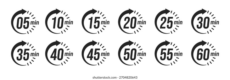 Temporizador de minutos, relógio, cronômetro, cronômetro de contagem regressiva, ícone de tempo de cozimento definido. discagem de 5, 10, 15, 20, 25, 30, 35, 40, 45, 50, 55, 60 minutos. Conjunto isolado de cor azul, símbolo. Ilustração vetorial